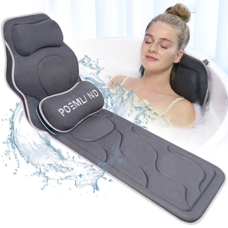 Poemland Luxury Full Body Bath Pillow for Bathtub - Extra Large & Waist Support Cushion Exclusive Anti-Slip Coating Bathtub Mat for Ultimate Comfort & Safety - Great Spa Accessories Gifts (Gray)